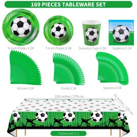 ADXCO 169 Pieces Soccer Theme Party Supplies Set Disposable Party Tableware Soccer Party Pack Including Paper Plates, Cups, Napkins, Forks, Spoons, Knives for Birthday Sports Event, Serves 24 Guests