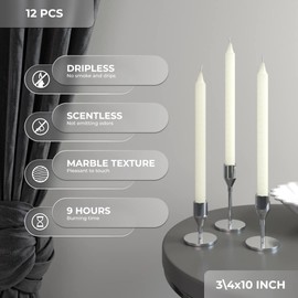 CANDWAX Ivory Taper Candles Pack of 12 - Straight Candles 10 inch Ideal as Unscented Candles, Dinner Candles and Table Candles - Slow Burning Candles Dripless - Smokeless Long Candlesticks