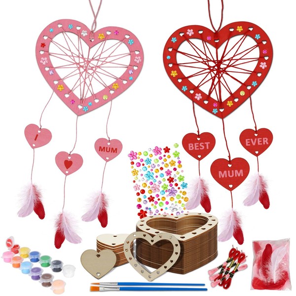 WEDNOK 6 Pack Heart Dream Catcher Craft Kits for Kids Paint You Own Love Heart Dream Catcher for Girls Boys DIY Coloring Craft for Art Activity Project Mother's Day Decoration Mother's Day Gifts