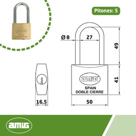 Amig - Model 31 Long Arc Padlock | Anti-Rust & Waterproof | Ideal for Gym Lockers, Luggage, Tool Boxes | Compatible with AMIG Mod 30 | Matte Brass, 50mm, Brass and Steel Bow
