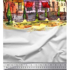 Soimoi Brown Poly Crepe Fabric Buildings Panel Fabric Prints by Yard 42 Inch Wide