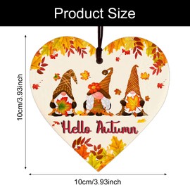 Hello Autumn Wooden Heart Hanging Plaque,Hello Autumn Wooden Heart Sign,Autumn Gifts Autumn House Decor,Printed Autumn Maple Leaves,Gnomes Wooden Cards for Thanksgiving and Autumn Decor Accessories