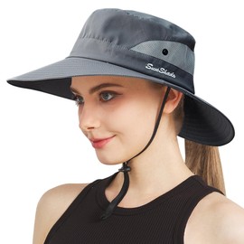 NPJY Ponytail Sun Hats for Women Men 3” Wide Brim UPF 50+ Fishing Beach Bucket Hats Grey