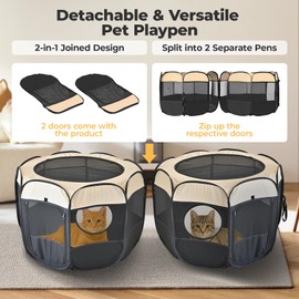 2-in-1 Pop Up Cat Playpen, Detachable into 2 Separate Pens, Assembly-Free Portable Puppy House Collapsible Dog Crates Pet Pen Tent Kennel Kitten Enclosure Cage Indoor Outdoor Foldable(M)