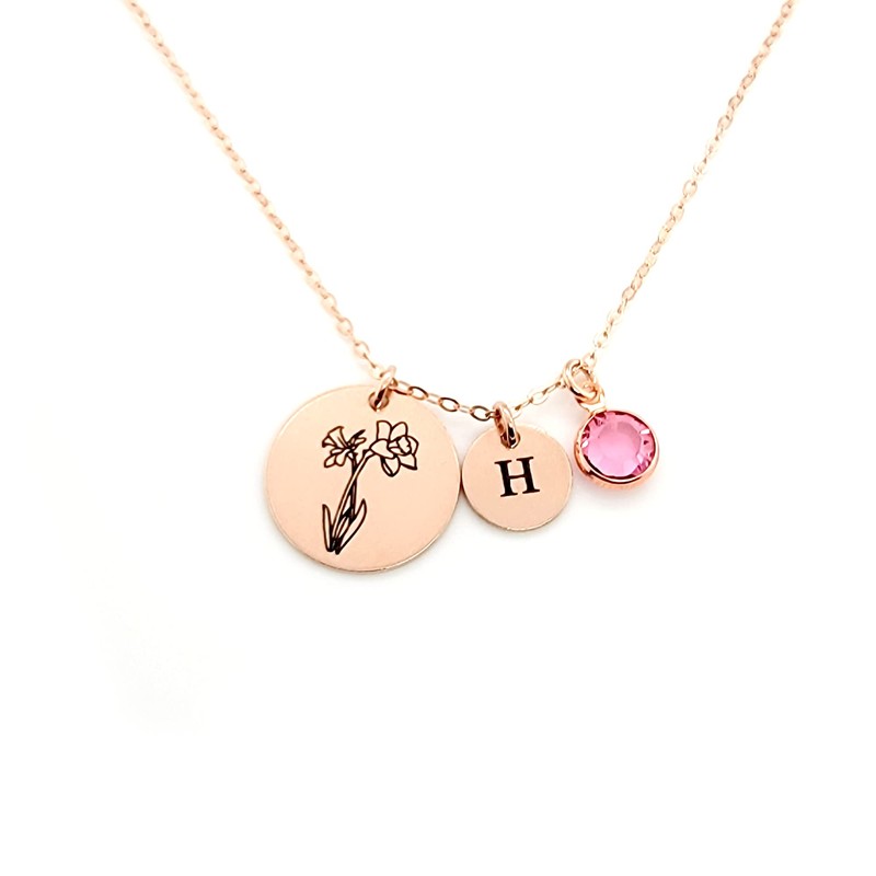 Birth Month Flower with an Initial & Birthstone Necklace •