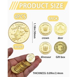 TPZORJX 4 x Tooth Fairy Coins, Tooth Fairy Gifts for Girls Boys, Tooth Fairy Coins, Tooth Fairy Gold Thal, Gold Coins for Lost Tooth Children's Gifts Souvenir (Gift Box, Dinosaur, Deer, Crown)