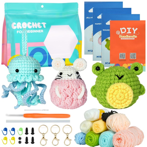 AUAUY Beginner Crochet Kit, Animal Crochet Kit for Beginners, Yarn,