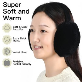 Fsmiling Women's Winter Earmuffs Faux Fur Ear Muffs Warm Fluffy Earmuffs Foldable Ear Warmer Fuzzy Ear Muffs For Cold Weather,2 Pack(Gray earmuffs,Black earmuffs)