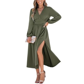 CUPSHE Fall Dresses for Women V Neck Long Sleeve Tunic Waist Slit Solid Color A Line Midi Casual Dress Olive Green, L