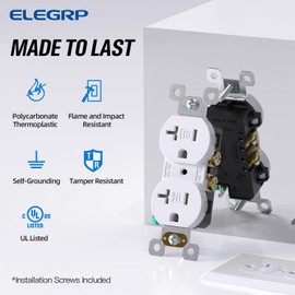 ELEGRP Tamper-Resistant Duplex Receptacle, 20A 125V Standard Electrical Duplex Wall Outlet, 2 Pole 3 Wire, 5-20R, Self-Grounding, Residential Grade Straight Blade, UL (Glossy White, 10 Pack)