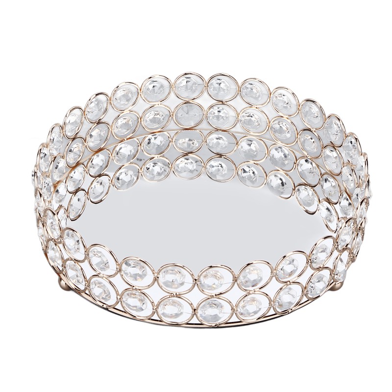 Crystal Cosmetic Makeup Tray 8in Round Display Tray Mirrored Metal