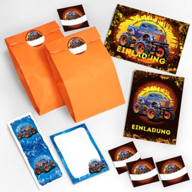 JuNa-Experts 16 Invitation Cards for Children's Birthday Boy Monster Truck Blue Including 16 envelopes, 16 gift bags, 16 stickers, 16 bookmarks, 16 blocks, party bags, Modern