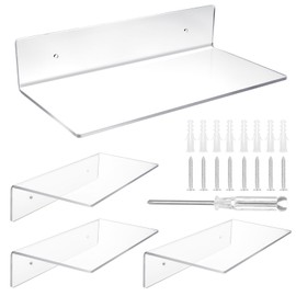 Limbeuuu 4 Pack 12 Inch L-Shaped Acrylic Floating Shelf Clear Wall Mounted Shelves Invisible 4.3MM Thick Shelf for Wall Storage Clear Shelves for Makeup Photo Picture Book Record Display