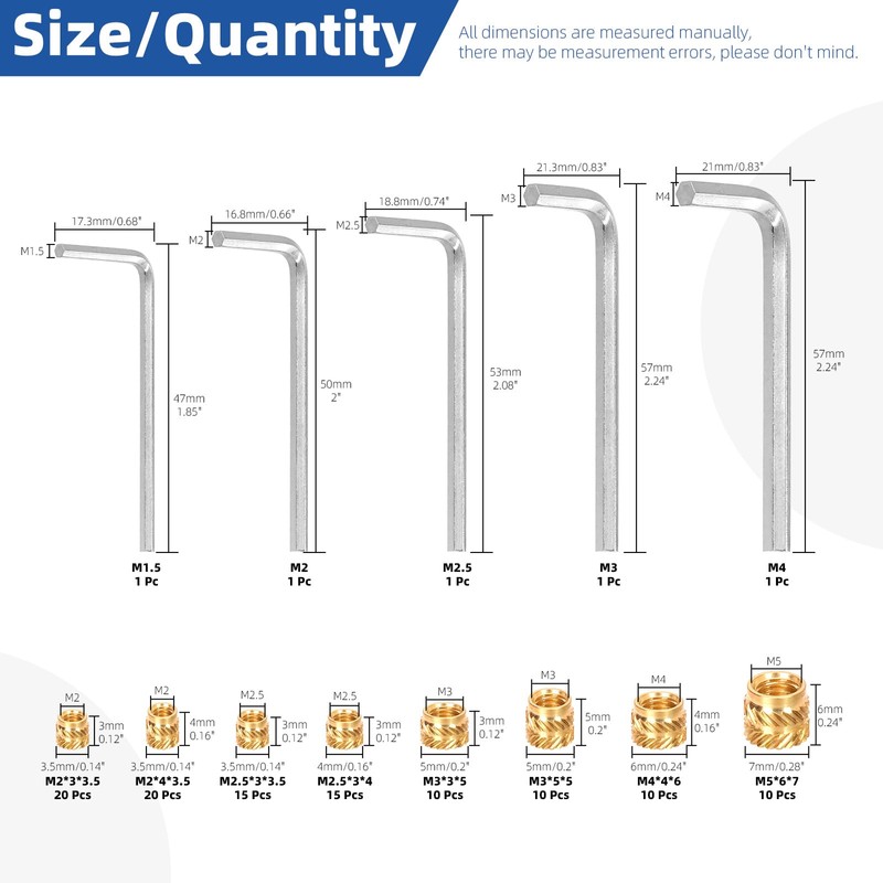 Glarks 595pcs M2/2.5/3/4/5 Socket Head Screw and Thread Brass Knurled