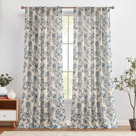 jinchan Linen Curtains Floral Curtains for Living Room 96 Inch Long Blue French Curtains Rod Pocket Light Filtering Toile Print Farmhouse Bedroom Curtains Window Curtain Set 2 Panels