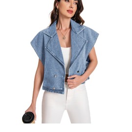 Mars Guard Women's Oversized Cropped Denim Vest Cap Sleeve Lapel Collar Jean Jacket Cap Sleeve Casual Top