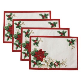 Elrene Home Fashions Red and White Poinsettias Holiday Fabric Placemat Set of 4, 13" x 19", Multi 13" x 19" (Placemats)