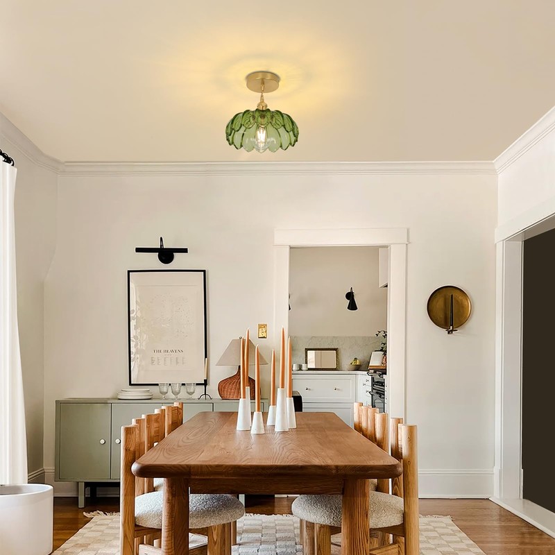 Shenmoyl Pendant Light with Green Scindapsus Glass Lmapshade, Brass Vintage