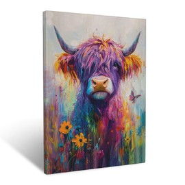 Highland Cow Canvas Wall Art Animal Painting Colorful Highland Cow Pictures Framed for Bathroom Bedroom Living Room Cows Modern Home Office Wall Decor 12"x16"