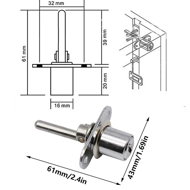 CL-Lin 2 Piece Drawer Lock Silver Plunger Lock with Key