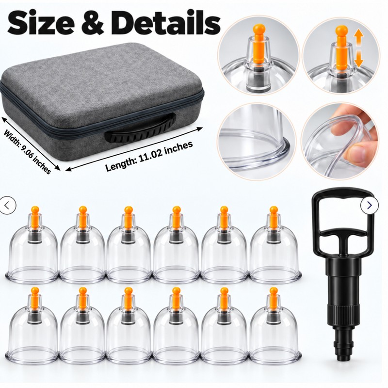 12-Piece Cupping Massage Set – Manual Vacuum Pump, Reusable Cups