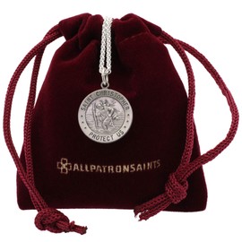 All Patron Saints Round Antiqued St. Christopher Necklace Medal in Solid Sterling Silver With 20 Inch Chain And Jewelry Gift Set - Size 18 MM (Teen or Woman)