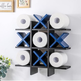 Weysat Tic Tac Toe Toilet Paper Holder Stand Toilet Paper Storage Bathroom Decor Rustic Wooden Hanging Storage Freestanding Wall Mounted Shelves Decor for Toilet Tissue Farmhouse(Black, Dark Blue)