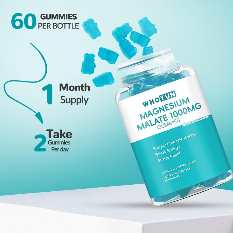 Whoyun Magnesium Malate Gummies 1000mg, Enhanced Absorption Magnesium Chewables Supplement