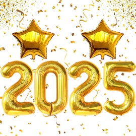 New Year Balloons, New Years Eve Decorations, 8PCS Happy New Year Balloons Include 4 * 2025 Numbers 2*Stars 1*Blowing Straw 1*Roll of Ribbon, New Years Eve Balloons For New Years Eve Party (Gold)
