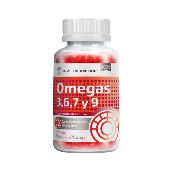 HEALTHADDICTION | Omega 3,6,7 y 9 HealthAddiction I 60 cápsulas de 760mg c/u. Aceite De Pescado, Aceite De Linaza, Aceite de Olivo y Vitamina E