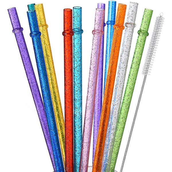 ALINK 12-Pack Glitter Reusable Thick Plastic Straws, 11" Long Hard