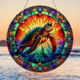 Sea Turtle Flower Stained Windows Hanging Suncatcher,Flower Stained Glass Suncatchers Window Ornament Stained Glass Panel Sun Catcher Wall Hanging Decor Birthday Gifts