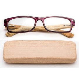 Real Bamboo Reading Glasses Spring Hinge Genuine Bamboo Rectangular Reader w/Case