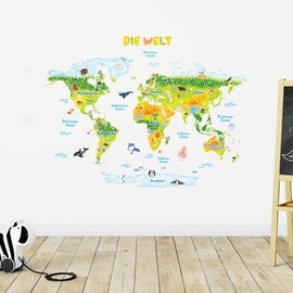 DECOWALL DMT-1715SDE World Map Animal World Map Animals Wall Sticker Living Room Bedroom Children's Room (German Version)