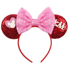 QHSWDLP Mouse Ears Headbands Shiny Bows Sequin Ear Hair Band Princess Decoration Cosplay Costume Accessory for Women Girls Valentine Pink Red