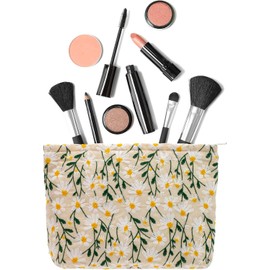 Daisy-Themed Floral White Makeup Bag, Zippered Cosmetic Pouch, Ideal for Purses