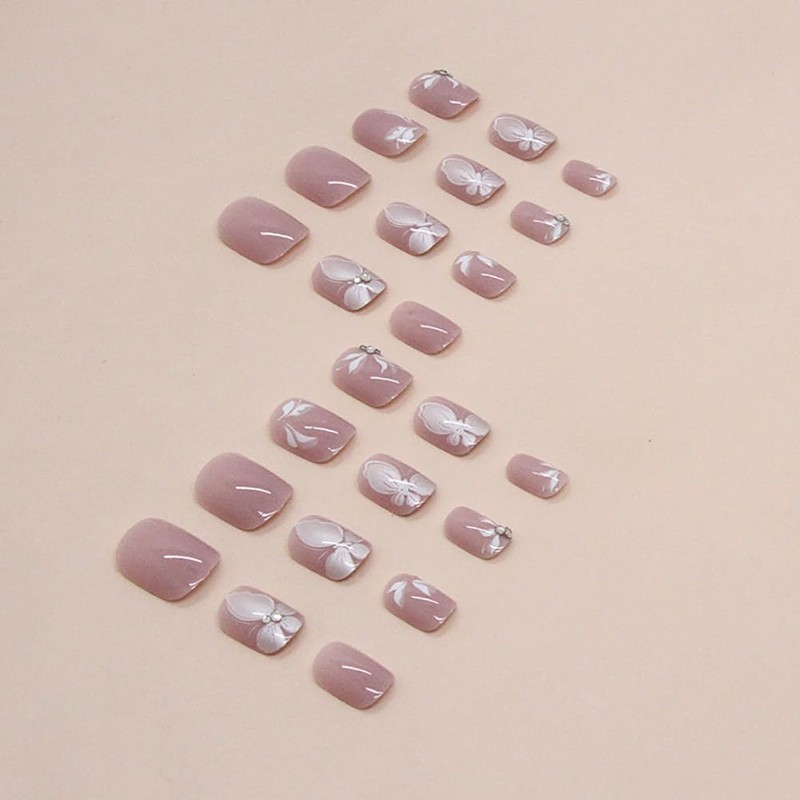 Clataly 24 Pcs Cute Butterfly Fake Nails White Flower False