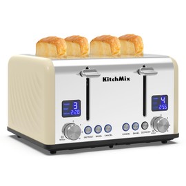 Toaster 4 Slice, KitchMix Bagel Stainless Toaster with LCD Timer, Extra Wide Slots, Dual Screen, Removal Crumb Tray (Cream)