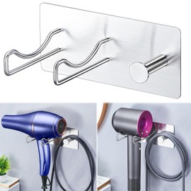 Hair Dryer Holder Wall Mounted, Stainless Steel Blow Dryer Hairdryer Holder for Bathroom, Adhesive Hair Tool Organizer for Blow Dryer Storage, Silver