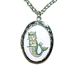 MERMAID CAT LOCKET NECKLACE OVAL SILVER PLATED MERCAT MORPH PENDANT