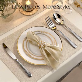 Modern Flatware Set, 5-Piece Stainless Steel Silverware with Knife, Forks & Spoons, Hammered Handle Design, Mirror Polished, Dishwasher Safe, Gift Box Included