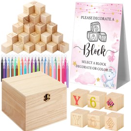 Marsui 136 Pcs Baby Shower Blocks to Decorate Game Kit Includes 98 Wooden Blocks, 36 Markers, 1 Game Sign, 1 Storage Box for Baby Shower Gender Reveal Activity Party Decorations(Pink Elephant)
