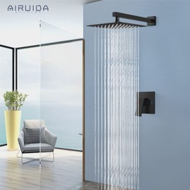 Airuida Matte Black Shower Faucet Set, Single Function Wall Mount Bathroom Rainfall Shower System, 10 Inch Shower Head Shower Valve and Trim Kit with Male Thread Rough-in Valve