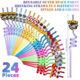 24 Pieces Outer Space Straws Reusable Solar System Plastic Straws Rocket Spaceship Astronaut Satellite Planet Outer Space Party Supplies Decorations for Boys Kids Birthday Parties 8 Styles, 8 Colors