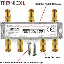 TronicXL 6x Premium Coaxial Antenna Splitter HD 3D 4K Splitter Soft Splitter e.g. for DVBT DVBT2 DVBC SAT Unicable Cable TV Unitymedia Vodafone Cable Germany Cable TV 6 6-Way HDTV