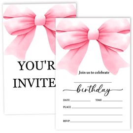 Nopoben Pink Bow Birthday Invitation Cards For Girls, Birthday Invites for Adult Teens Birthday Party Supplies 20 pcs Double-Sided Fill-In Invitation Cards with Envelopes -03