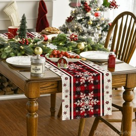 Artoid Mode Buffalo Plaid Snowflakes Christmas Table Runner, Seasonal Winter Kitchen Dining Table Decoration for Home Party Decor 13x108 Inch