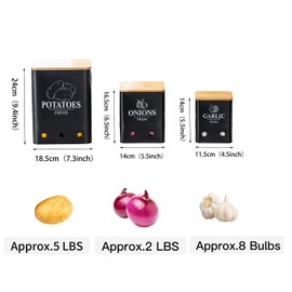 AEUNKIUO Kitchen Vegetable Storage Set of 3, Metal Onion Garlic Potato Jars Set, + 2 Stainless Steel Gadgets, Potato Onion Garlic Storage Set of 3 Ventilated Iron Canisters with Bamboo Lids-Black