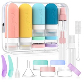 Juego de 17 Botellas De Viaje De Silicona, Botella de Viaje a Prueba de Fugas de 3 oz + 2 oz con Etiqueta, Botella de Viaje Portátil, Envase Exprimible Libre de BPA para Champú, Crema, Loción