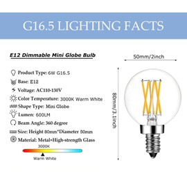 6W G16.5 LED Light Bulb Dimmable,E12 Candelabra LED Light Bulbs 60 Watt Equivalen 600lm,Warm White 3000K E12 G50 Globe Bulb for Chandelier,Ceiling Fan and Vanity 5 Pack